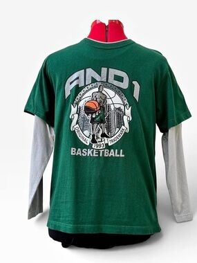 AND1 Basketball Graphic Long Sleeve Layered Tee Boys Medium Green Basketball Tee